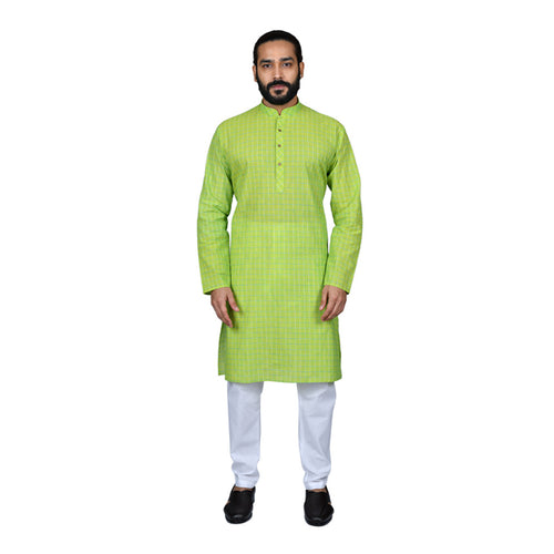 mens parrot green color cotton checks kurta