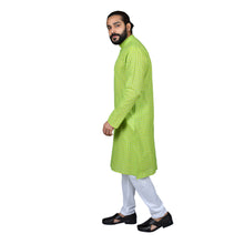 Load image into Gallery viewer, Ajay Arvindbhai Khatri Men&#39;s Pure Cotton Regular Checks Kurta Parrot_Green Colour
