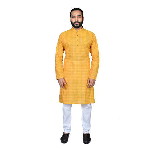 mens yellow color cotton checks kurta