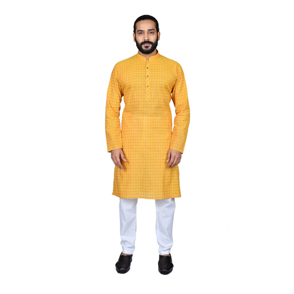 Ajay Arvindbhai Khatri Men's Pure Cotton Regular Checks Kurta Yellow Colour