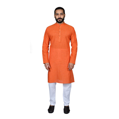 mens orange color cotton checks kurta