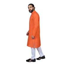 Load image into Gallery viewer, Ajay Arvindbhai Khatri Men&#39;s Pure Cotton Regular Checks Kurta Light_Orange Colour
