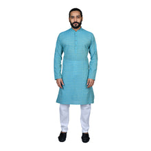 Load image into Gallery viewer, Ajay Arvindbhai Khatri Men&#39;s Pure Cotton Regular Checks Kurta Firozi Colour

