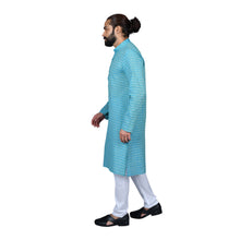 Load image into Gallery viewer, Ajay Arvindbhai Khatri Men&#39;s Pure Cotton Regular Checks Kurta Firozi Colour

