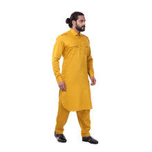 Load image into Gallery viewer, Ajay Arvindbhai Khatri Men&#39;s Pure Cotton Regular Pathani Suit Set MUSTARD Colour
