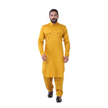 Load image into Gallery viewer, Ajay Arvindbhai Khatri Men&#39;s Pure Cotton Regular Pathani Suit Set MUSTARD Colour
