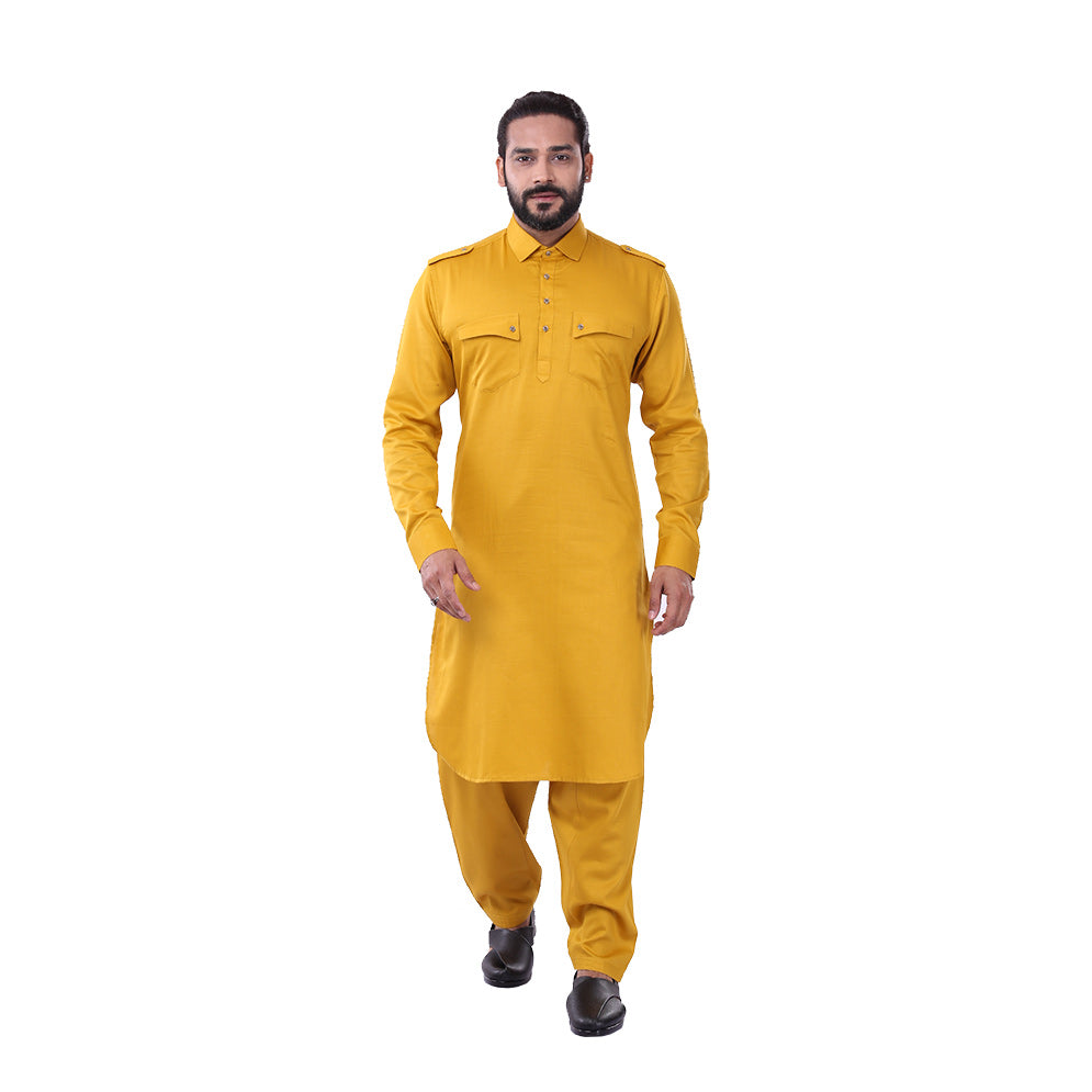 mens mustard color cotton regular pathani set