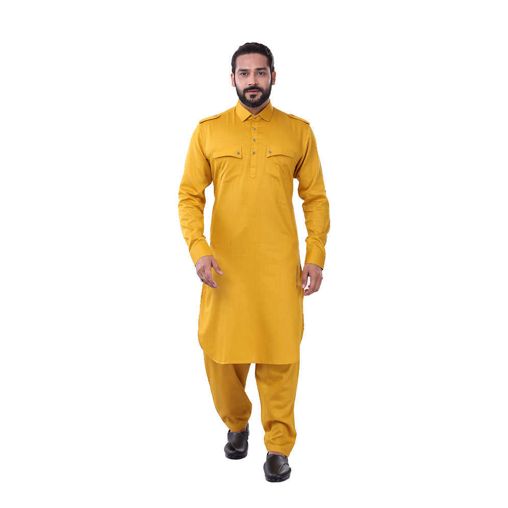 Ajay Arvindbhai Khatri Men's Pure Cotton Regular Pathani Suit Set MUSTARD Colour
