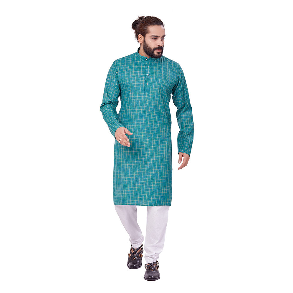 Ajay Arvindbhai Khatri Men's Polyster Cotton Straight Checkered Style Kurta Green Colour