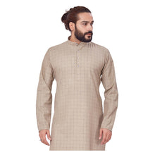 Load image into Gallery viewer, Ajay Arvindbhai Khatri Men&#39;s Polyster Cotton Straight Checkered Style Kurta Light Brown Colour
