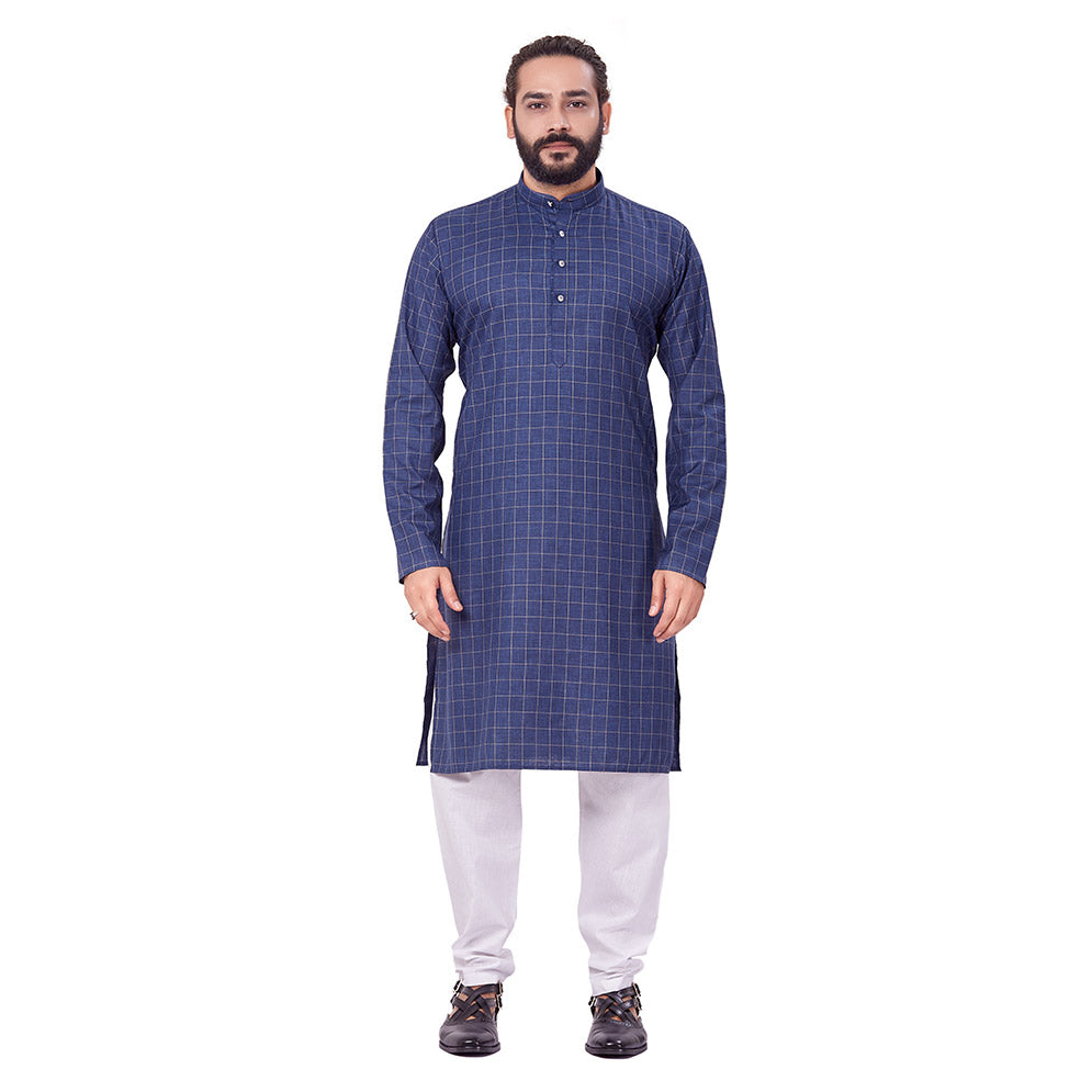 Ajay Arvindbhai Khatri Men's Polyster Cotton Straight Checkered Style Kurta Navy Blue Colour