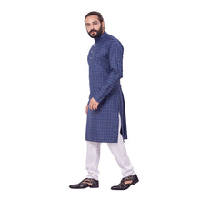 Load image into Gallery viewer, Ajay Arvindbhai Khatri Men&#39;s Polyster Cotton Straight Checkered Style Kurta Navy Blue Colour
