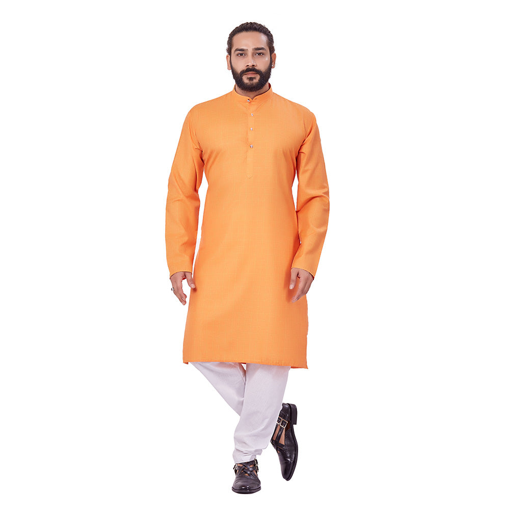 Ajay Arvindbhai Khatri Men's Polyster Cotton Straight Checkered Style Kurta Orange Colour