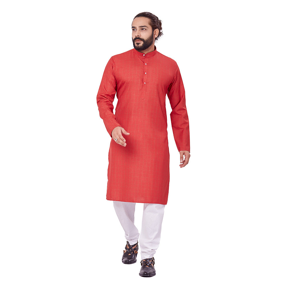 Ajay Arvindbhai Khatri Men's Polyster Cotton Straight Checkered Style Kurta Red Colour