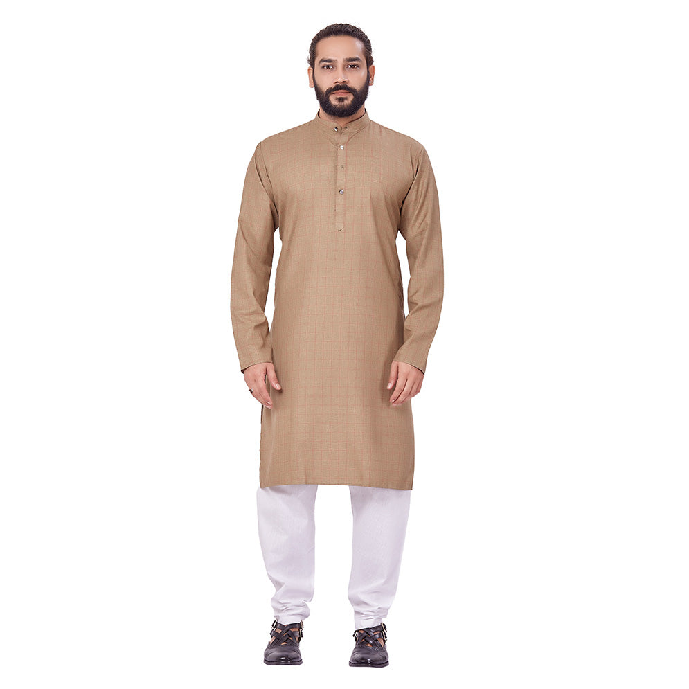 Ajay Arvindbhai Khatri Men's Polyster Cotton Straight Checkered Style Kurta Khakhi Colour