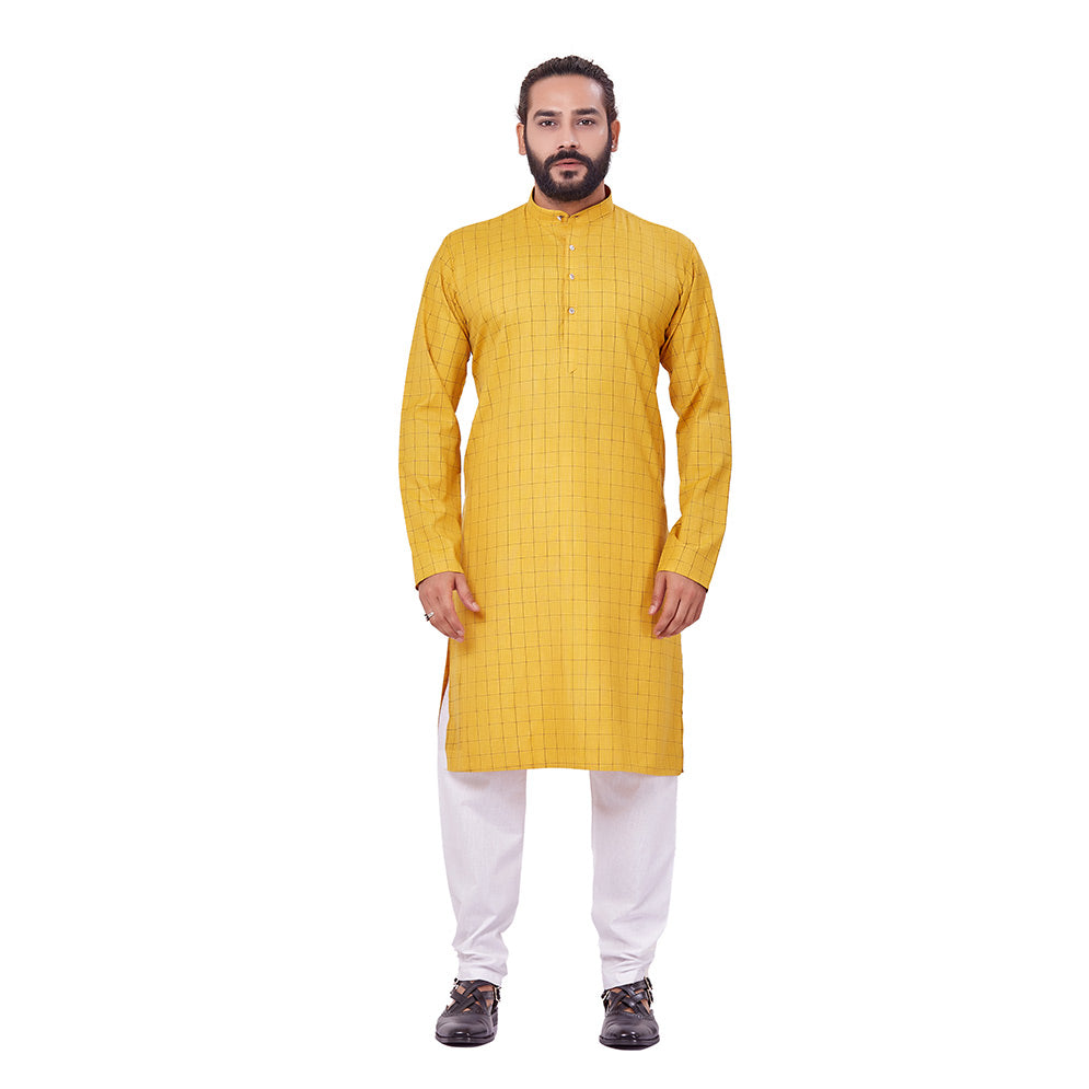 Ajay Arvindbhai Khatri Men's Polyster Cotton Straight Checkered Style Kurta Yellow Colour
