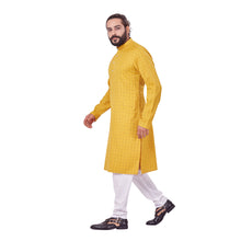 Load image into Gallery viewer, Ajay Arvindbhai Khatri Men&#39;s Polyster Cotton Straight Checkered Style Kurta Yellow Colour
