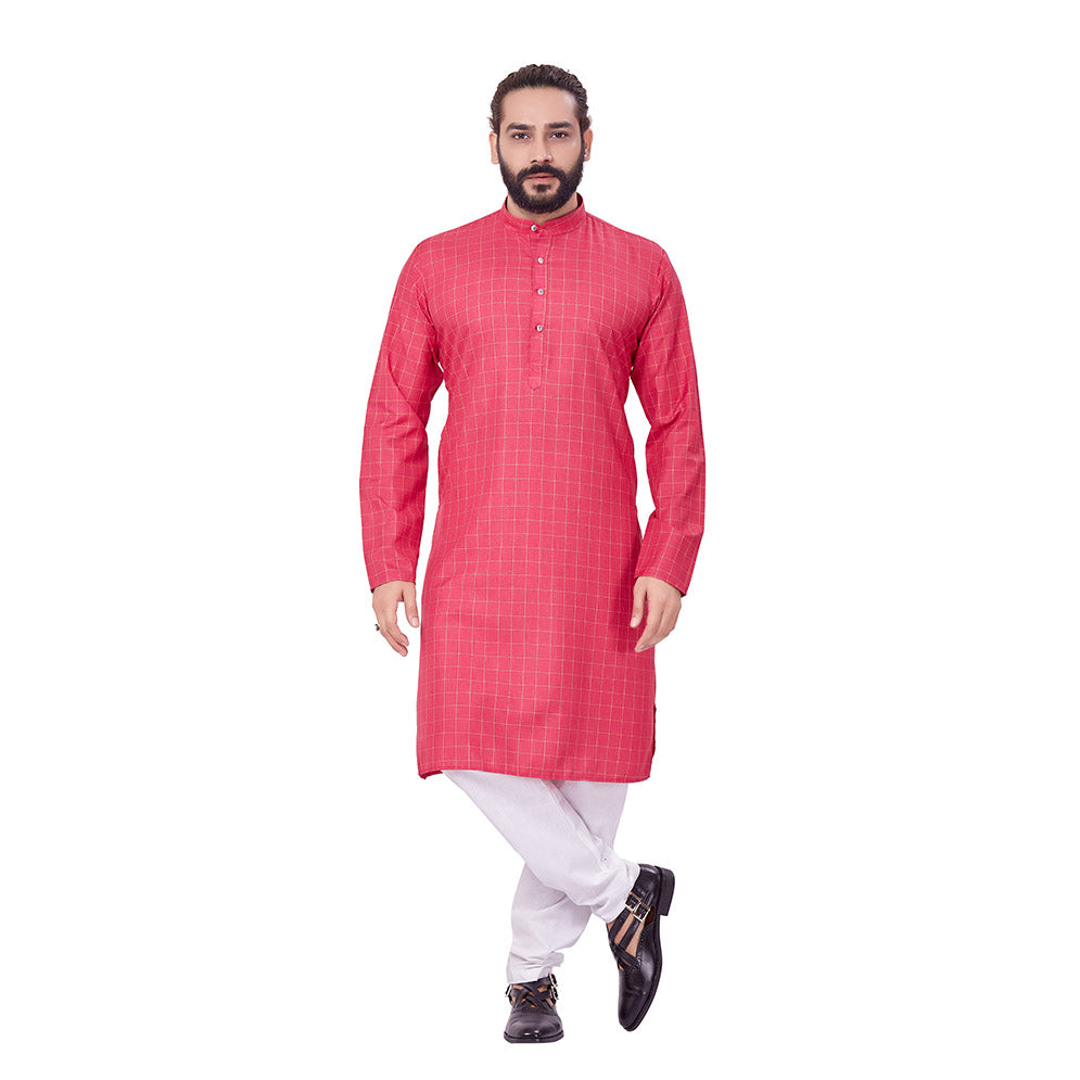 Ajay Arvindbhai Khatri Men's Polyster Cotton Straight Checkered Style Kurta Rani Colour