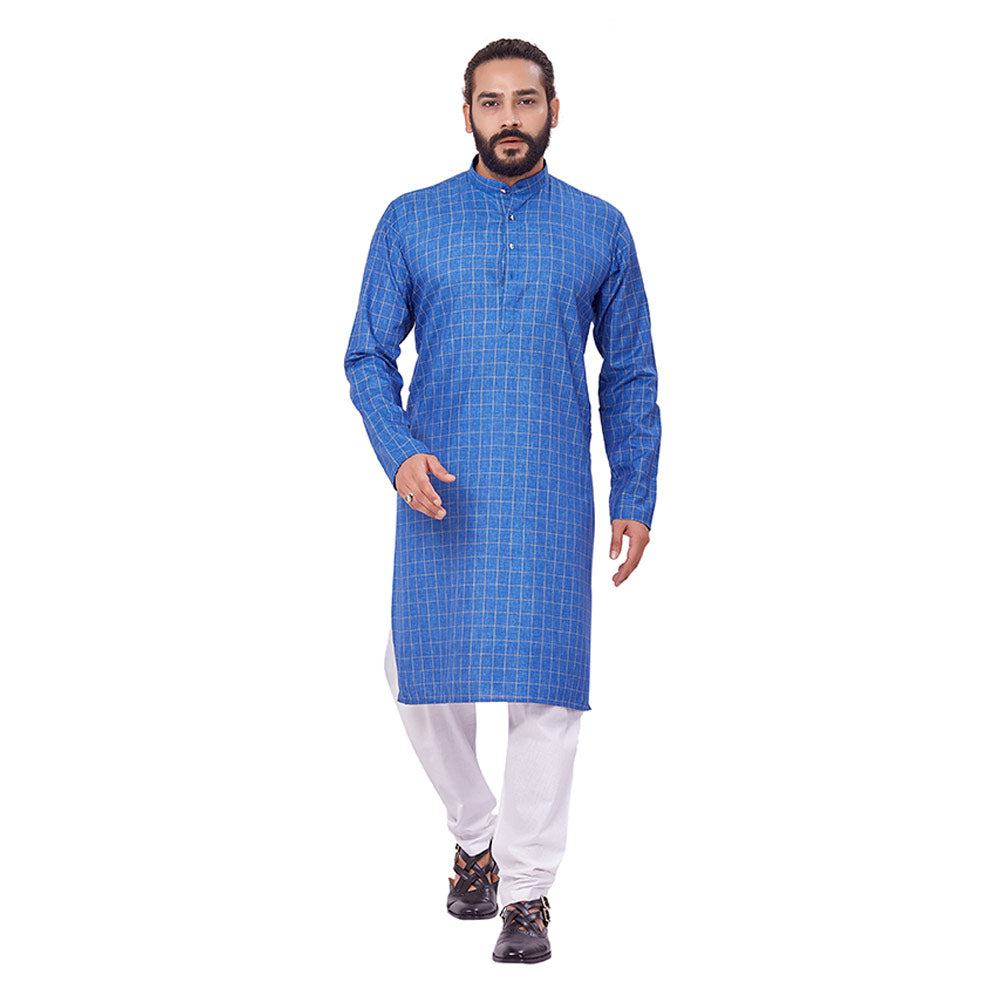 Ajay Arvindbhai Khatri Men's Polyster Cotton Straight Checkered Style Kurta Royal Blue Colour