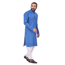 Load image into Gallery viewer, Ajay Arvindbhai Khatri Men&#39;s Polyster Cotton Straight Checkered Style Kurta Royal Blue Colour
