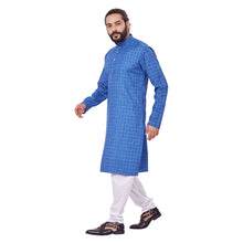 Load image into Gallery viewer, Ajay Arvindbhai Khatri Men&#39;s Polyster Cotton Straight Checkered Style Kurta Royal Blue Colour

