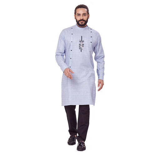 mens light blue color cotton embroidery kurta