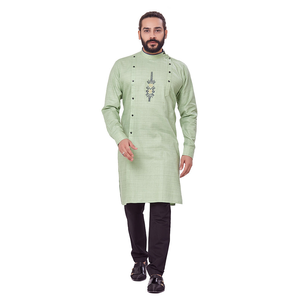 Ajay Arvindbhai Khatri Men's Pure Cotton Regular Embriodery design kurta Pista_Green Colour