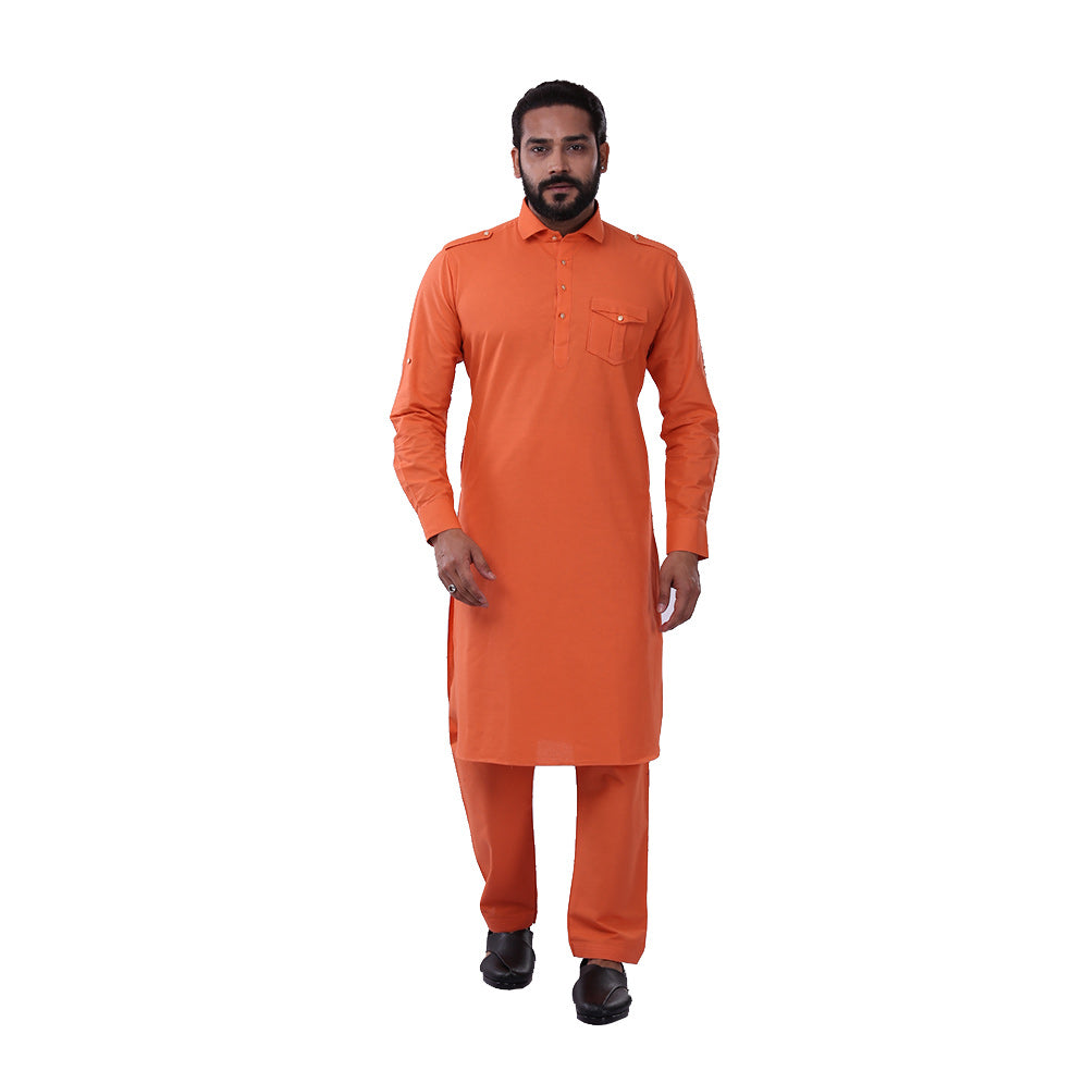 Ajay Arvindbhai Khatri Men's Pure Cotton Regular Pathani Suit Set ORANGE Colour
