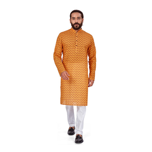 mens yellow color cotton printed kurta