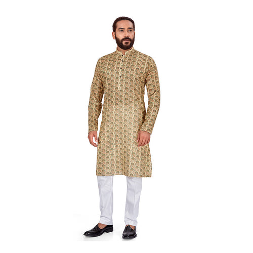 mens fawn color cotton printed kurta