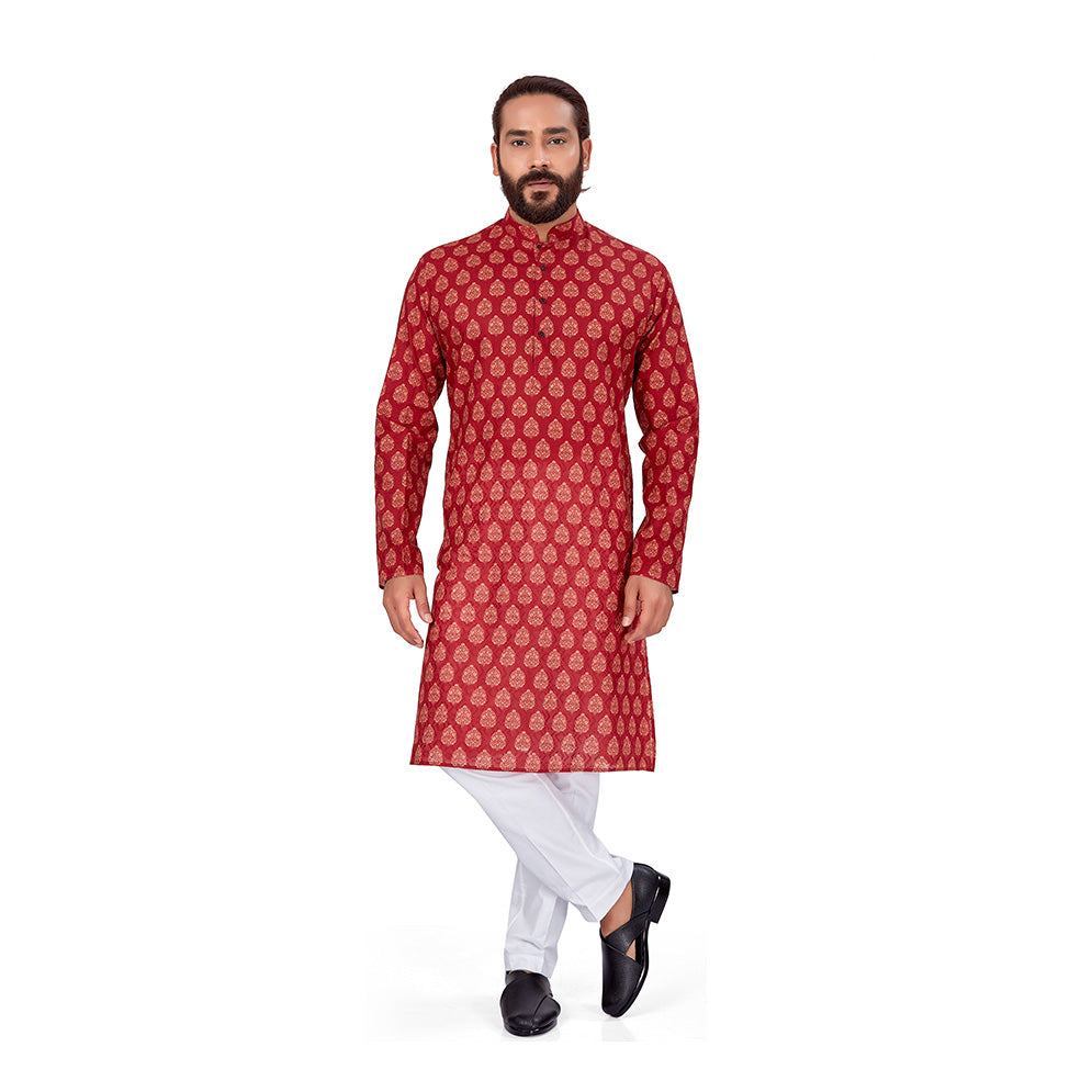 Ajay Arvindbhai Khatri Men's Pure Cotton Printed Kurta Maroon Colour