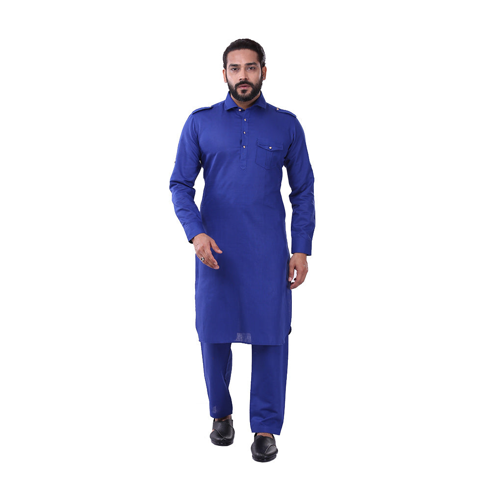Ajay Arvindbhai Khatri Men's Pure Cotton Regular Pathani Suit Set ROYAL BLUE Colour