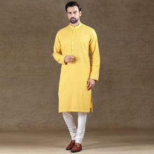 Load image into Gallery viewer, Ajay Arvindbhai Khatri Men&#39;s Chikankari Embroidered Silk Kurta with Pyjama Set Yellow Color
