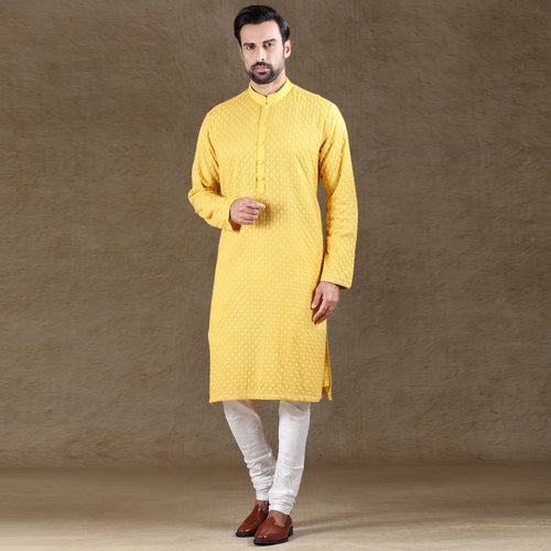 mens embroidered yellow colour kurta pajama set