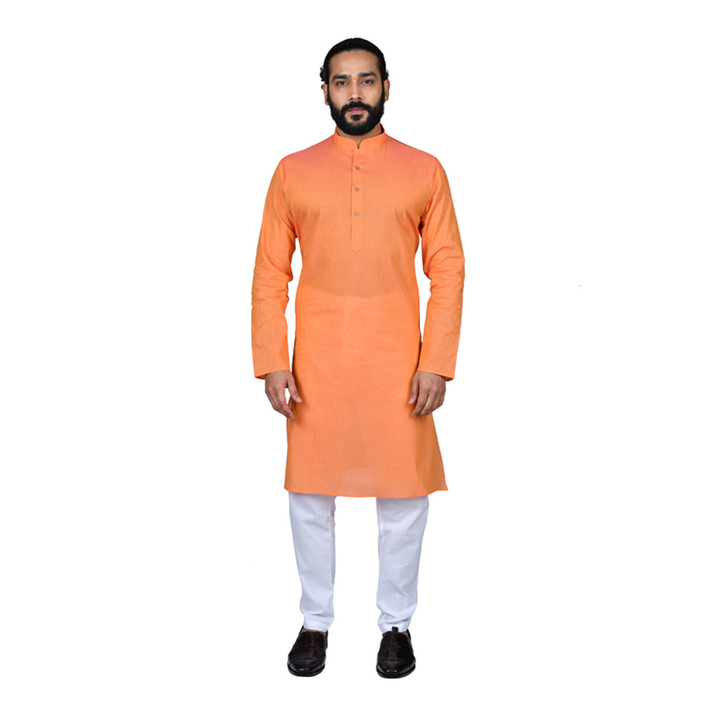 Ajay Arvindbhai Khatri Men's Pure Cotton Straight HandloomOrange Colour Kurta