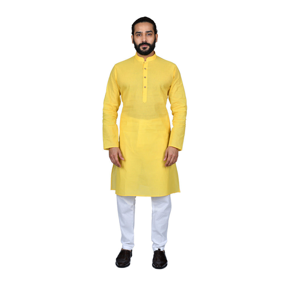 Ajay Arvindbhai Khatri Men's Pure Cotton Straight Handloom Lemon Colour Kurta