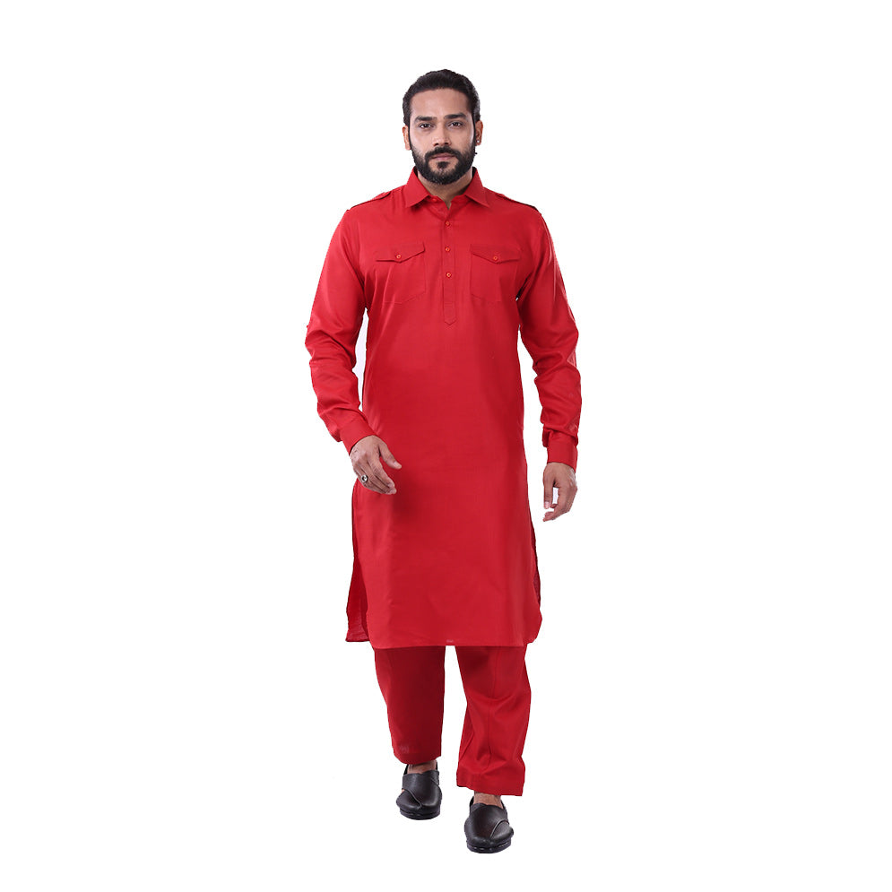 Ajay Arvindbhai Khatri Men's Pure Cotton Regular Pathani Suit Set RED Colour